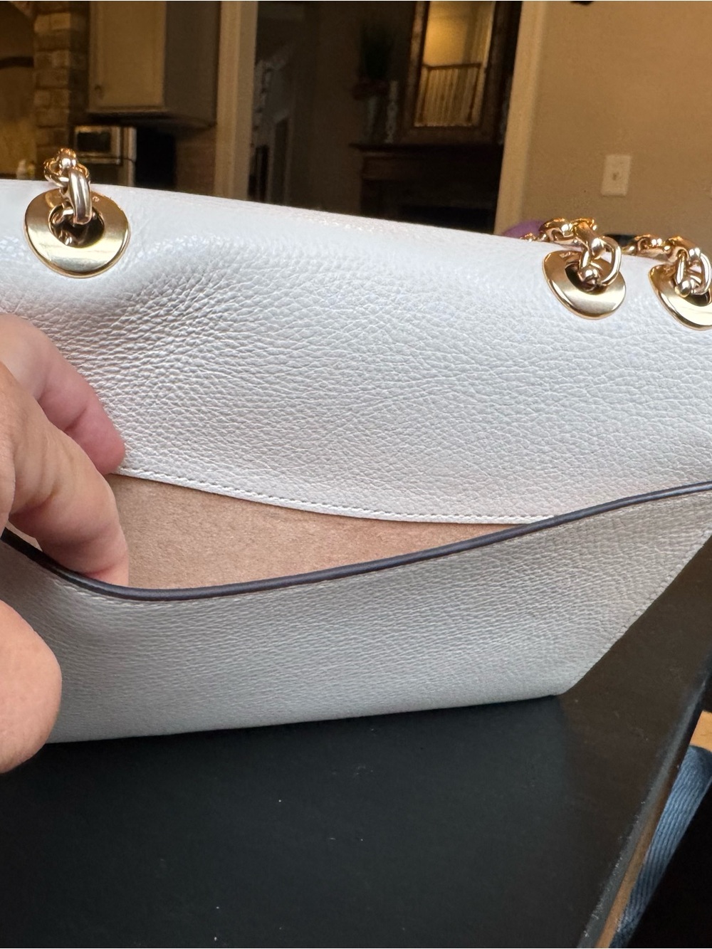 Coach White Leather Shoulder Bag with Gold Chain and Brown Handle - Picture 3 of 7